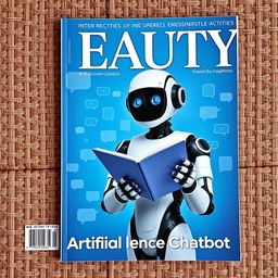 A magazine cover titled 'BEAUTY' featuring a faintly woven blue background with multiple chat symbols, an artificial robot holding an open notebook with a chat interface displayed on it