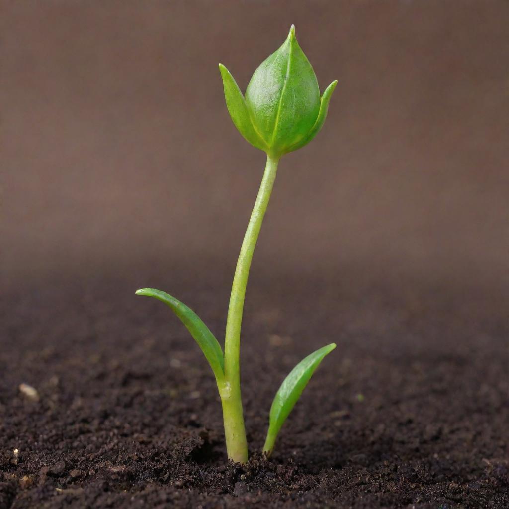 A vibrant seedling sprouting from a brown seed, showcasing the contrast between the earthy seed and the bright green sprout.