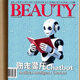 A magazine cover titled 'BEAUTY' featuring a faintly woven blue background with multiple chat symbols, an artificial robot holding an open notebook with a chat interface displayed on it