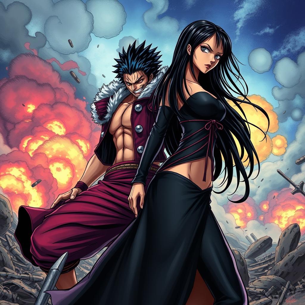 Katakuri from One Piece and a woman with long black hair and mesmerizing golden eyes stand on a dynamic battlefield