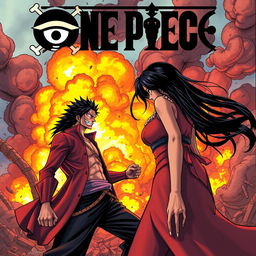 Katakuri from One Piece and a woman with long black hair and mesmerizing golden eyes stand on a dynamic battlefield