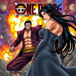 Katakuri from One Piece and a woman with long black hair and mesmerizing golden eyes stand on a dynamic battlefield