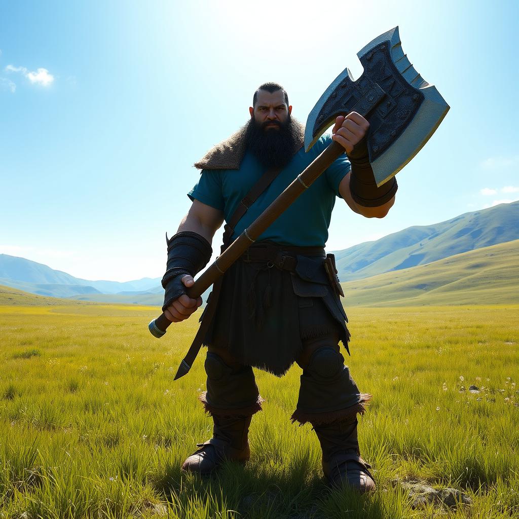 a tall Half-orc warrior with dark hair, wearing a blue shirt, standing confidently in an open field, holding a massive great axe in one hand