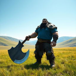 a tall Half-orc warrior with dark hair, wearing a blue shirt, standing confidently in an open field, holding a massive great axe in one hand