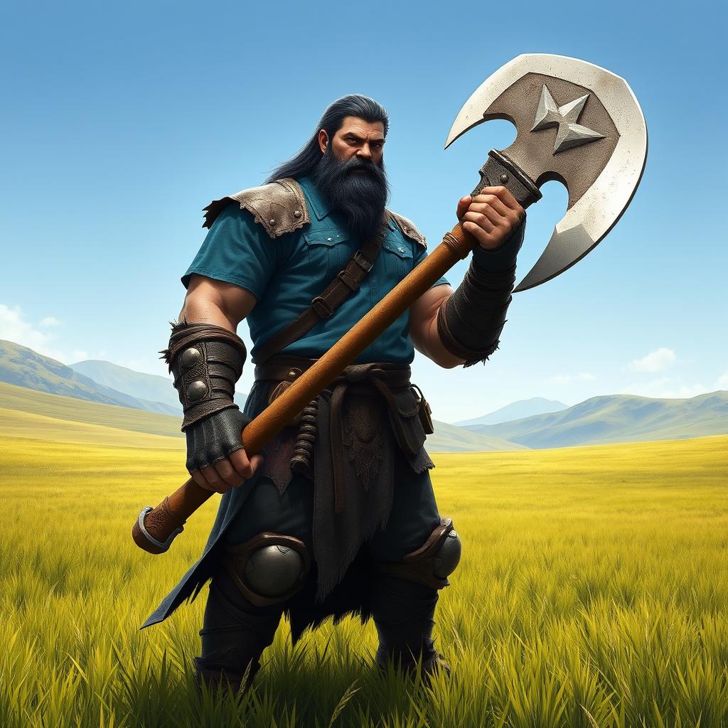 a tall Half-orc warrior with dark hair, wearing a blue shirt, standing confidently in an open field, holding a massive great axe in one hand