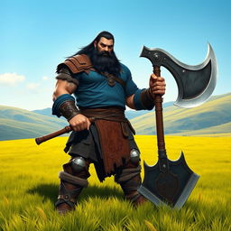 a tall Half-orc warrior with dark hair, wearing a blue shirt, standing confidently in an open field, holding a massive great axe in one hand