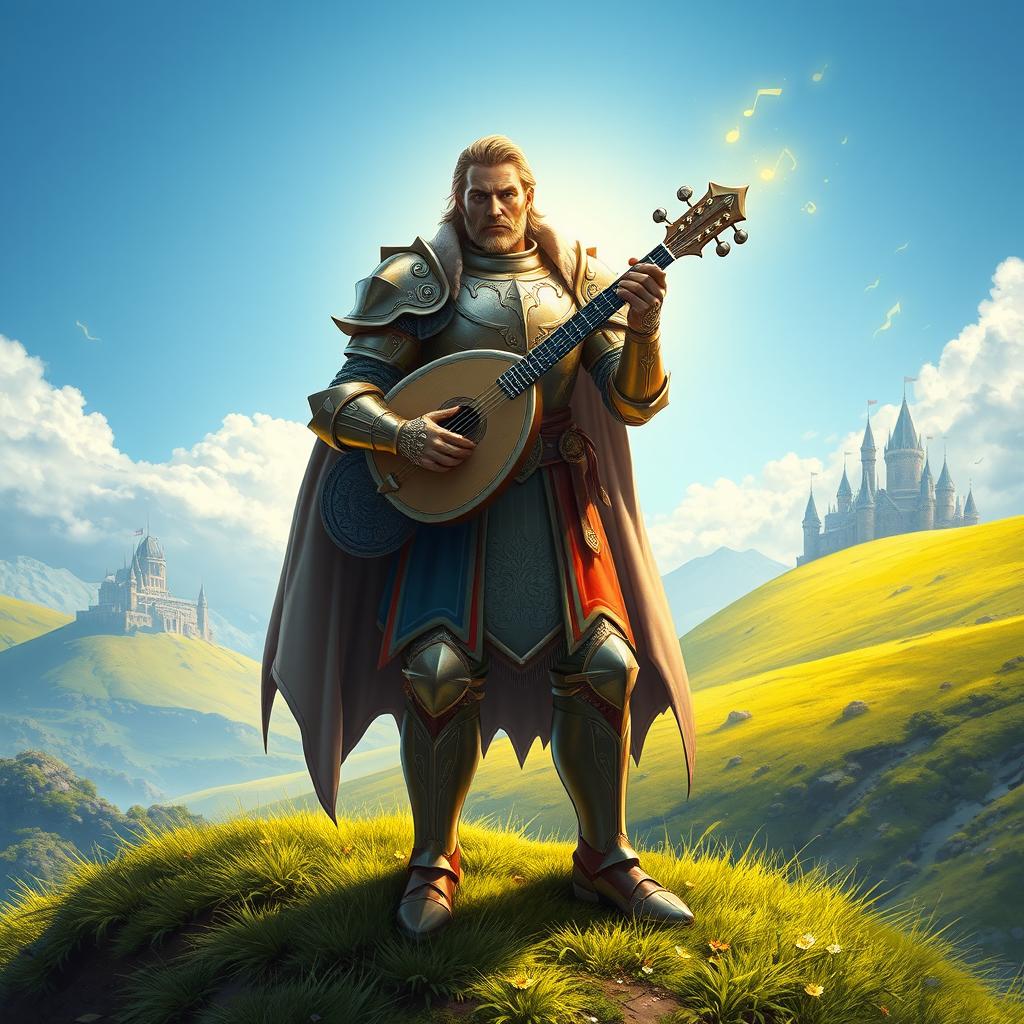 A majestic paladin-bard character, combining the noble armor and regal presence of a paladin with the musical flair and charismatic aura of a bard