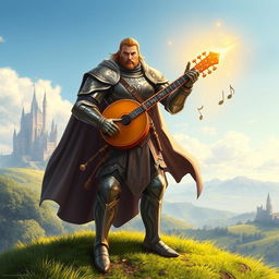 A majestic paladin-bard character, combining the noble armor and regal presence of a paladin with the musical flair and charismatic aura of a bard