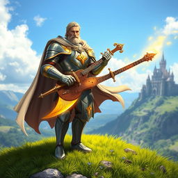 A majestic paladin-bard character, combining the noble armor and regal presence of a paladin with the musical flair and charismatic aura of a bard