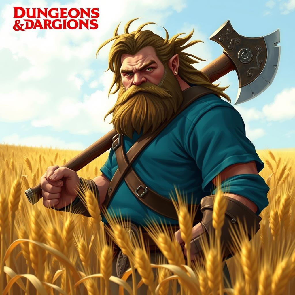 a Dungeons & Dragons inspired half-orc, wearing a blue shirt, standing in a field of barley, holding an axe