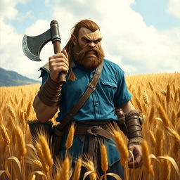 a Dungeons & Dragons inspired half-orc, wearing a blue shirt, standing in a field of barley, holding an axe