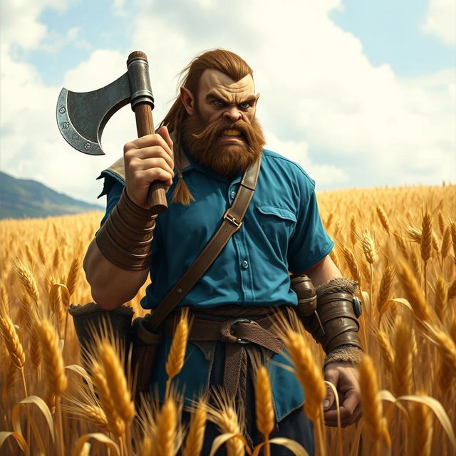 a Dungeons & Dragons inspired half-orc, wearing a blue shirt, standing in a field of barley, holding an axe