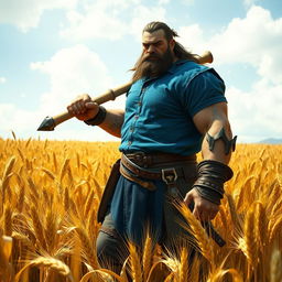 a Dungeons & Dragons inspired half-orc, wearing a blue shirt, standing in a field of barley, holding an axe