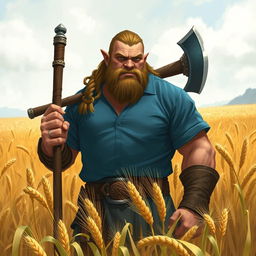 a Dungeons & Dragons inspired half-orc, wearing a blue shirt, standing in a field of barley, holding an axe