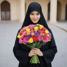 A graceful niqabi woman elegantly holding a vibrant bouquet of assorted flowers