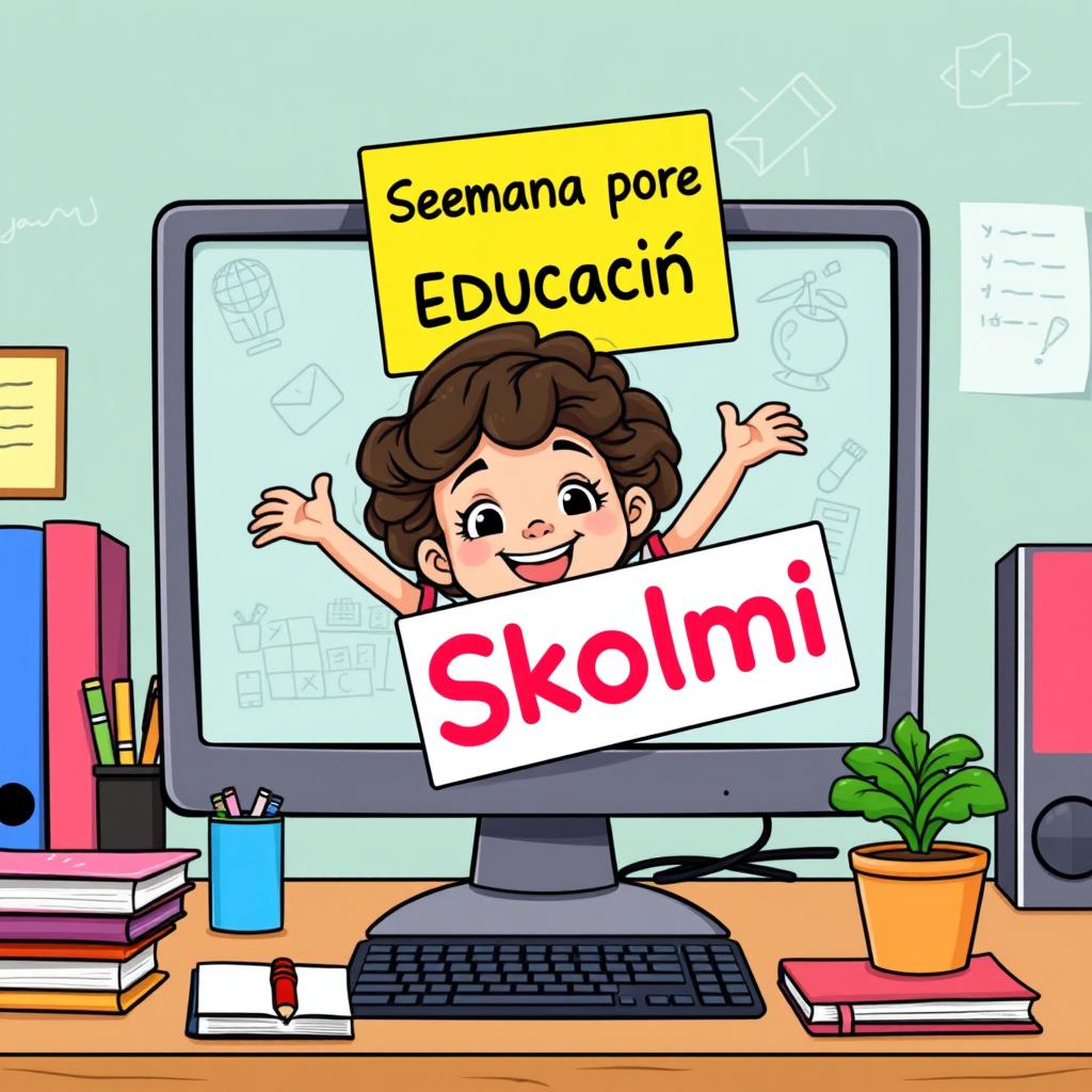 A cartoon of a young student playfully emerging from a computer screen, holding a vibrant sign that says "Semana por la Educación Skolmi"