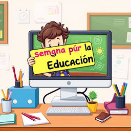 A cartoon of a young student playfully emerging from a computer screen, holding a vibrant sign that says "Semana por la Educación Skolmi"