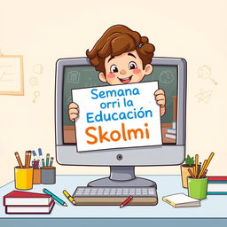 A cartoon of a young student playfully emerging from a computer screen, holding a vibrant sign that says "Semana por la Educación Skolmi"