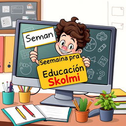 A cartoon of a young student playfully emerging from a computer screen, holding a vibrant sign that says "Semana por la Educación Skolmi"