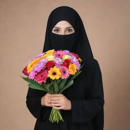 A graceful niqabi woman elegantly holding a vibrant bouquet of assorted flowers