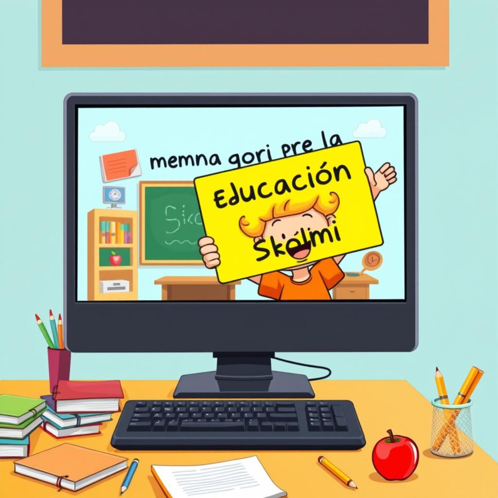 A cartoon of a young student playfully emerging from a computer screen, holding a vibrant sign that says "Semana por la Educación Skolmi" in Spanish