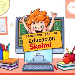 A cartoon of a young student playfully emerging from a computer screen, holding a vibrant sign that says "Semana por la Educación Skolmi" in Spanish