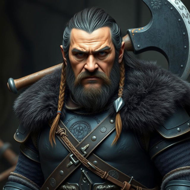 A rugged, middle-aged dwarf with a strong, muscular build and a weathered face stands proudly