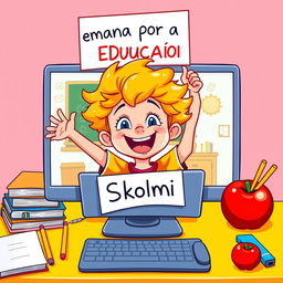 A cartoon of a young student playfully emerging from a computer screen, holding a vibrant sign that says "Semana por la Educación Skolmi" in Spanish