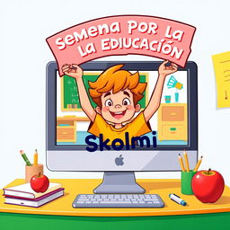 A cartoon of a young student playfully emerging from a computer screen, holding a vibrant sign that says "Semana por la Educación Skolmi" in Spanish