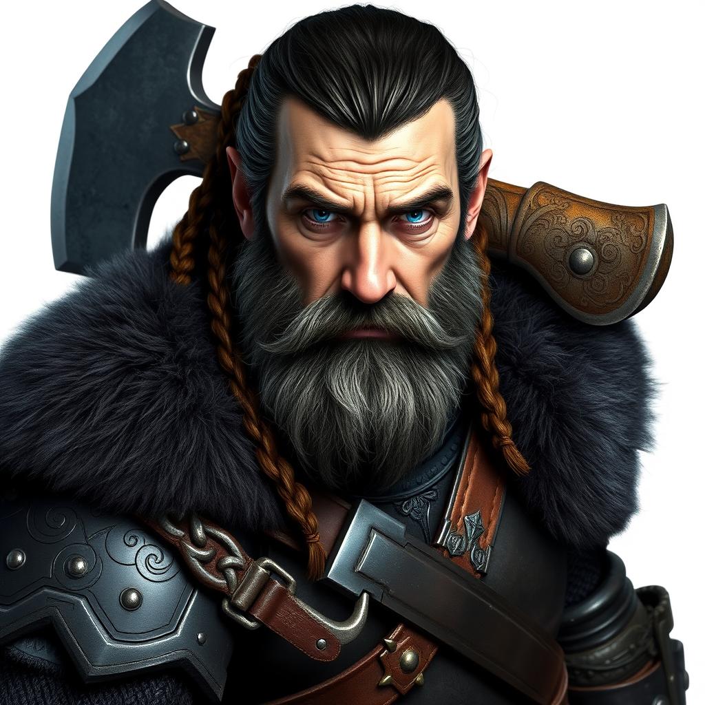Thorin Ironfist, a rugged, middle-aged dwarf with a strong, muscular build and a weathered face, stands against a white background