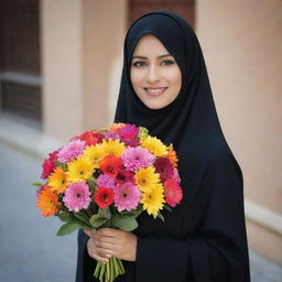 A graceful niqabi woman elegantly holding a vibrant bouquet of assorted flowers