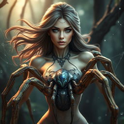 A fantastic portrayal of a female human-spider hybrid, merging human beauty with the intricate features of a spider