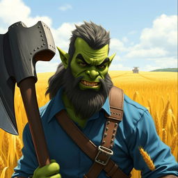 a green-skinned half-orc subtly showing his fangs, wearing a blue shirt, standing with a large axe in a field of barley