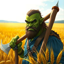 a green-skinned half-orc subtly showing his fangs, wearing a blue shirt, standing with a large axe in a field of barley