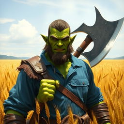 a green-skinned half-orc subtly showing his fangs, wearing a blue shirt, standing with a large axe in a field of barley