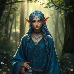 A mystical half-elf druid adorned in stunning blue robes, with intricate patterns of vines and leaves embroidered into the fabric