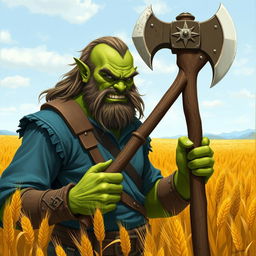 a green-skinned half-orc subtly showing his fangs, wearing a blue shirt, standing with a large axe in a field of barley