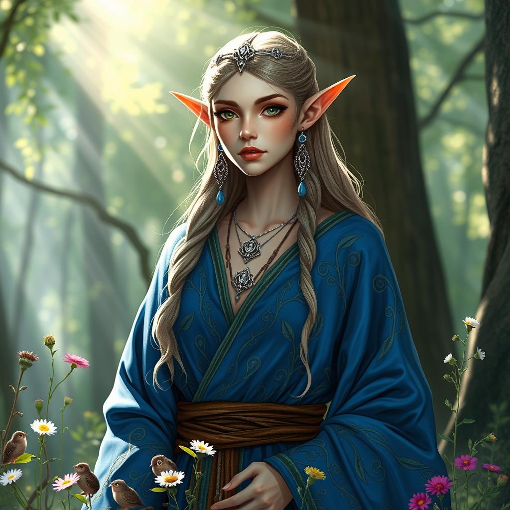 A mystical half-elf druid adorned in stunning blue robes, with intricate patterns of vines and leaves embroidered into the fabric