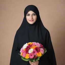 A graceful niqabi woman elegantly holding a vibrant bouquet of assorted flowers