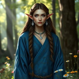 A mystical half-elf druid adorned in stunning blue robes, with intricate patterns of vines and leaves embroidered into the fabric