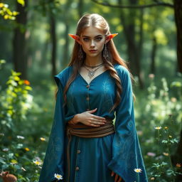 A mystical half-elf druid adorned in stunning blue robes, with intricate patterns of vines and leaves embroidered into the fabric