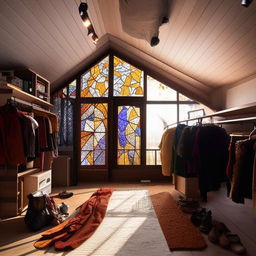 A cozy half-slanted loft room featuring stained glass windows, a soft carpet, dim yet inviting lighting, quality wooden closets and shelves laden with clothes, decor reflecting the passions of a coffee-loving, autumn-enthused young woman, a bed inviting comfort and a gem-embedded light dressing table.