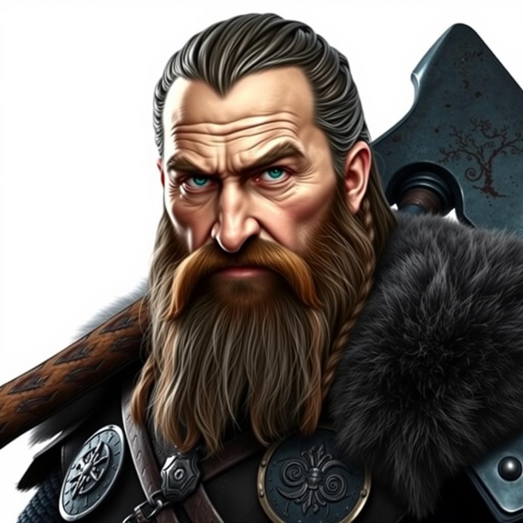 Thorin Ironfist, a rugged, middle-aged dwarf with a strong, muscular build and a weathered face, is depicted against a plain white background