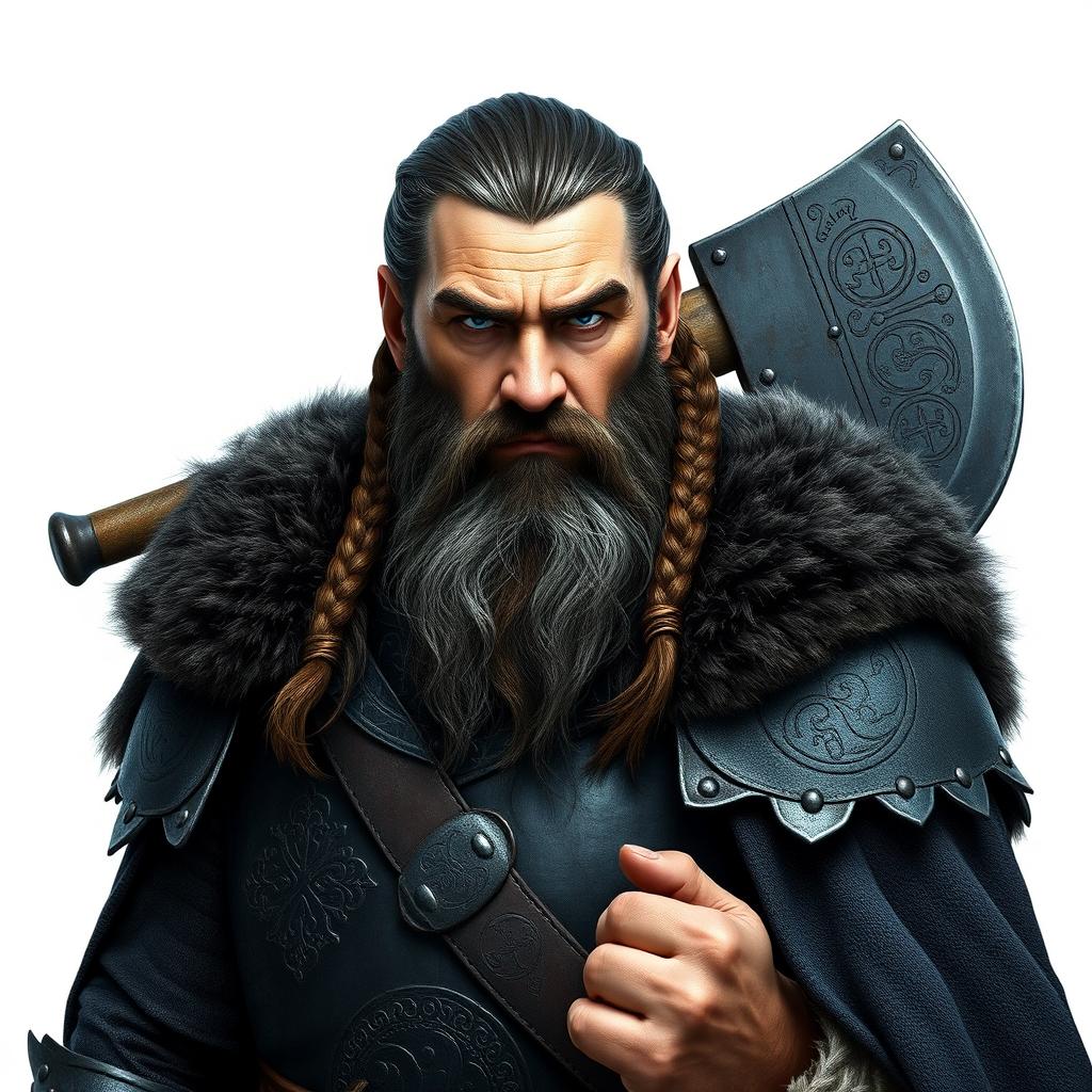 Thorin Ironfist, a rugged, middle-aged dwarf with a strong, muscular build and a weathered face, is depicted against a plain white background