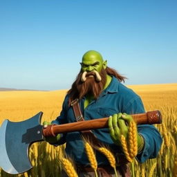 a green-skinned half-orc with no beard, subtly showing his tusks, wearing a blue shirt and standing in an expansive field of barley while holding a large axe