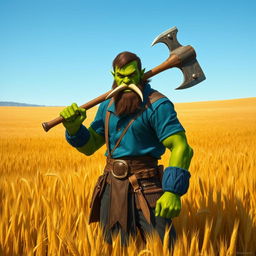 a green-skinned half-orc with no beard, subtly showing his tusks, wearing a blue shirt and standing in an expansive field of barley while holding a large axe