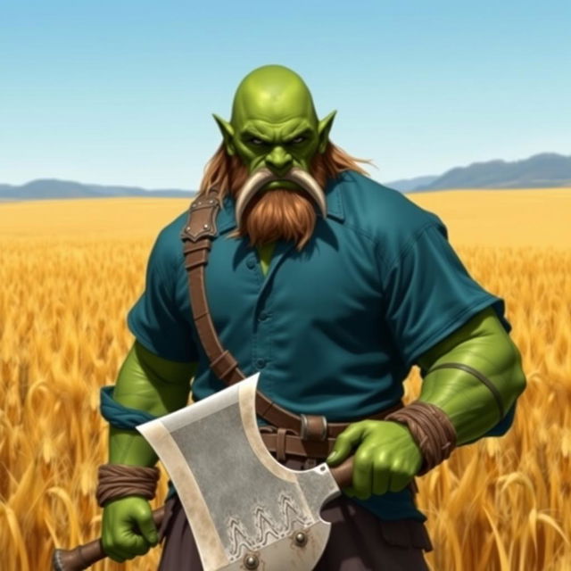 a green-skinned half-orc with no beard, subtly showing his tusks, wearing a blue shirt and standing in an expansive field of barley while holding a large axe