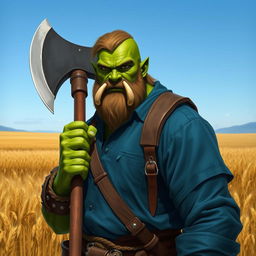 a green-skinned half-orc with no beard, subtly showing his tusks, wearing a blue shirt and standing in an expansive field of barley while holding a large axe