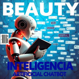 A realistic image of an artificial robot holding a notebook, looking intently at various chat windows in the foreground