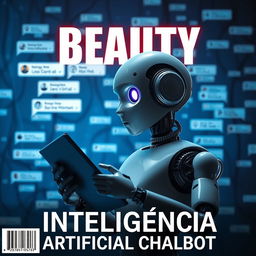 A realistic image of an artificial robot holding a notebook, looking intently at various chat windows in the foreground